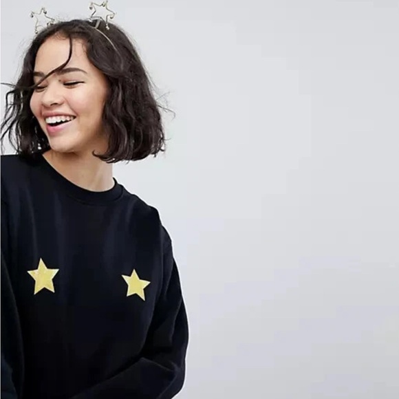 Monki Black Discontinued Cute Glittery Gold Stars Sweatshirt Jumper Top NWT XS-S - Picture 3 of 14